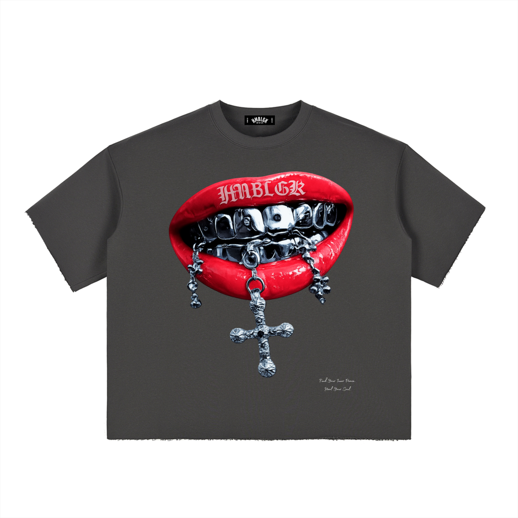 Chrome Lips Boxy T-Shirt (Dark Gray)